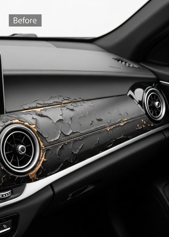 Cracked leather dashboard before restoration